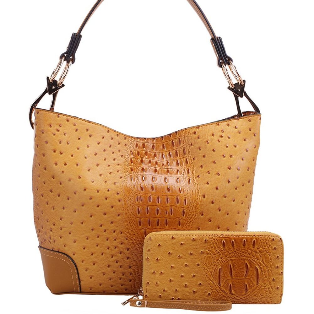 Yellow Ostrich Embossed Hobo & Wallet Set